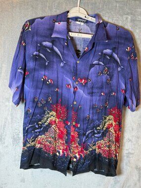 Hawaiian Pacific Dolphin Coral Reef Hawaiian Aloha Shirt Large Blue